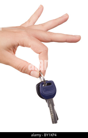 Image of hanging silver house keys against interior of a office ...