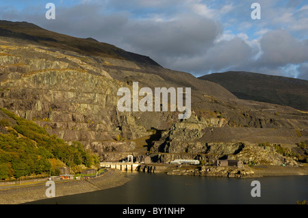 UK, North Wales, Snowdonia.  Terraced slate quarry above the hydro-electric power station at Llyn Peris, Llanberis. Stock Photo