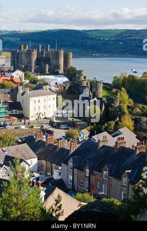 UK, North Wales; Conwy. View of the town and castle with the Conwy River behind. Stock Photo
