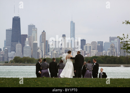 wedding party Chicago skyline Lake Michigan shore Stock Photo