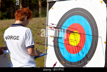 Young archer calculating points in an international competition between the Cap of the North countries (Finland,Sweden,Norway) , Finland Stock Photo