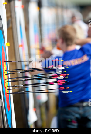 Standard FITA archery target and arrows shot to it , competitor calculating points , Finland Stock Photo