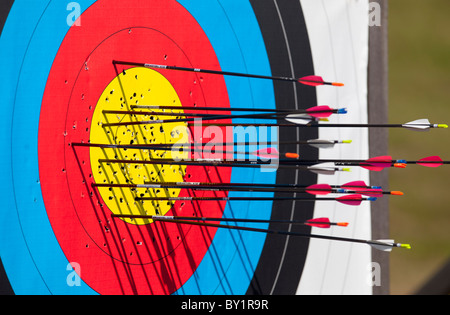 Standard FITA outdoor archery target and arrows shot to it , Finland Stock Photo