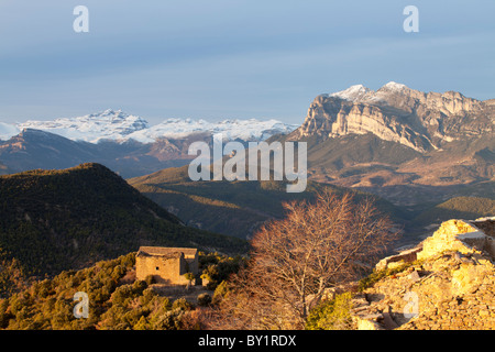 View of Sorores and Peña Montañesa peaks from Muro de Roda , Valley of La Fueva, Huesca, Spain Stock Photo