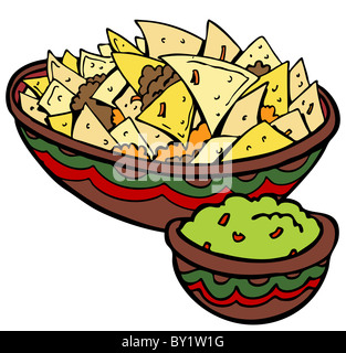 A cartoon image of nachos with guacamole. Stock Photo