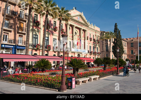 The City of Murcia has a beautiful City Hall, with a park in front of it. It has a Neo-Classic design and was built in 1848. Stock Photo