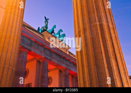 Germany,Berlin,Brandenburg Gate illuminated at dusk during the Festival of Lights