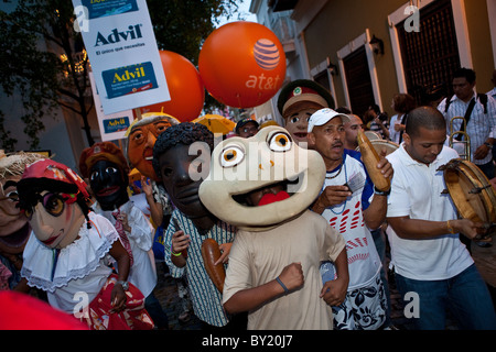 Costumed revelers during the Festival of San Sebastian in San Juan, Puerto Rico. Stock Photo