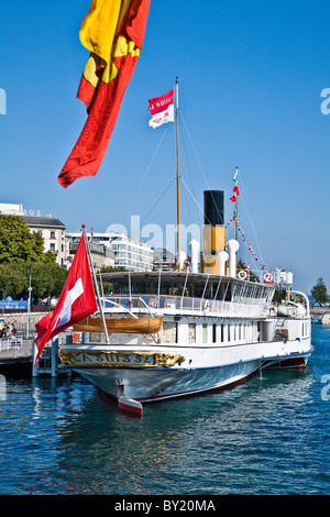 A Swiss lake steamer tied up at a dock in Geneva, Switzerland Stock Photo