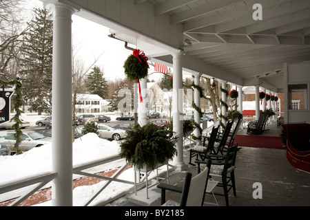 Chairs on the front porch of the Red Lion Inn face out onto Main Street in Stockbridge, MA. Stock Photo