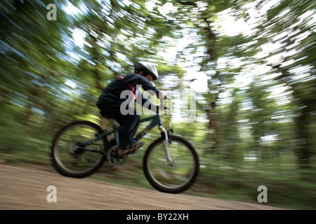 England, Hampshire, New Forest. Boy cycling on a path through woodland. (MR) Stock Photo