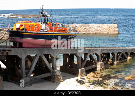 England, Cornwall, Sennen Cove. Tamar Class RNLB City of London III on the lifeboat ramp by Sennen Cove harbour. Stock Photo