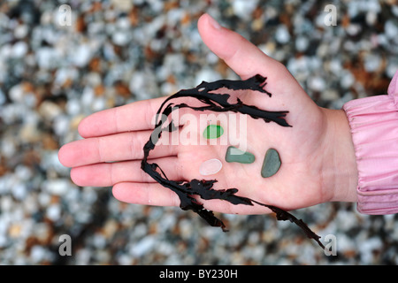 England, Cornwall. Smiley face made from pebbles and seaweed, arranged on a child's hand. Stock Photo