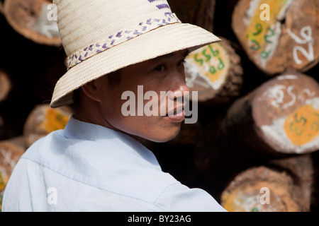 NAMPULA, MOZAMBIQUE, May 2010 : A Chinese worker at the timber depot of Green Timber, a Chinese-owned timber concession. Stock Photo