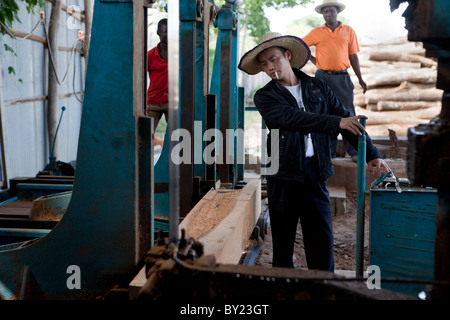 NAMPULA, MOZAMBIQUE, May 2010 : Chinese employees operate the cutting machines. Green Timber, a Chinese-owned timber concession Stock Photo