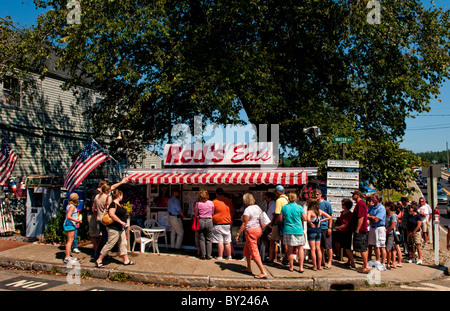 Crowded line waiting to eat at popular Reds Eats in Wicasset Maine in New England Stock Photo