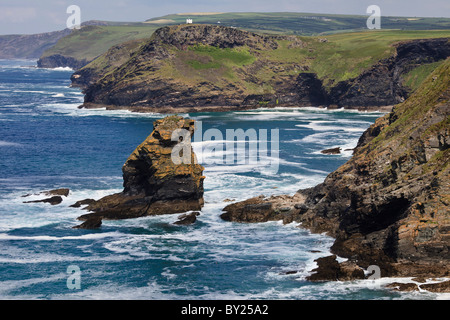 View from the South West Coast Path towards Grower Rock, The Meachard and Boscastle, Cornwall. Stock Photo