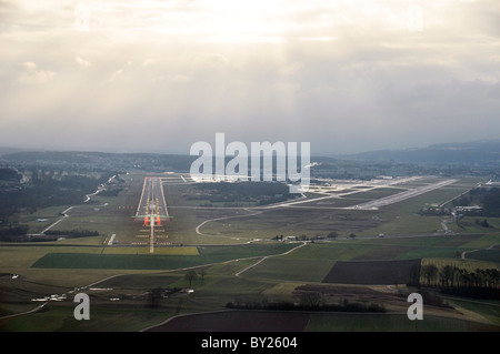 runway approach shot Zurich Airport (IATA: ZRH, ICAO: LSZH) also called Kloten Airport Stock Photo