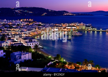 A panoramic view of the harbor of the Hora of Mykonos island, Greece. Stock Photo