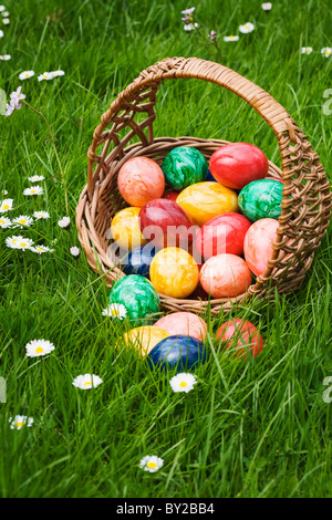 Basket full of Easter eggs in grass Stock Photo