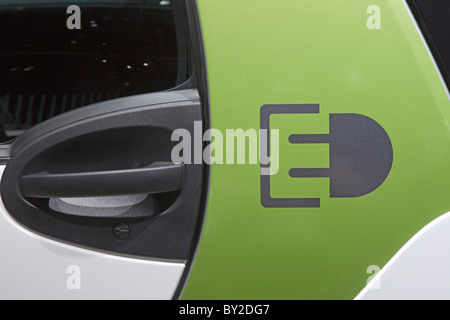 Detroit, Michigan - A plug symbol on the Smart electric car on display at the North American International Auto Show. Stock Photo