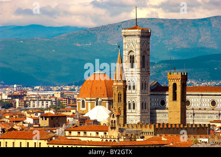 The Dome & Bell Tower over the roof tops - Florence Italy. Stock Photo