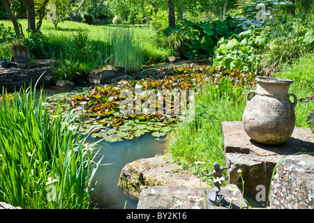 A small pond with water lily pads and other aquatic plants and a rustic stone urn in an English country garden in summer Stock Photo