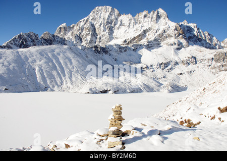 The frozen sacred lake at Gokyo in Nepal as seen from Gokyo Ri Stock Photo