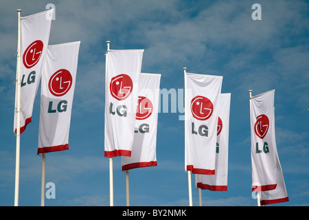 The logo of LG on flags at IFA 2008, Berlin, Germany Stock Photo
