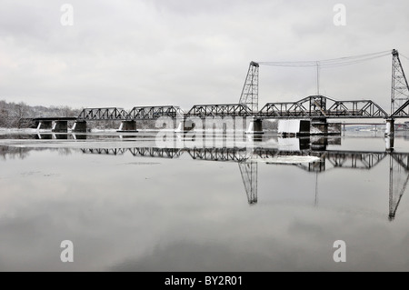 An Amtrak train passing Livingston Avenue Bridge in Albany, New York. Stock Photo