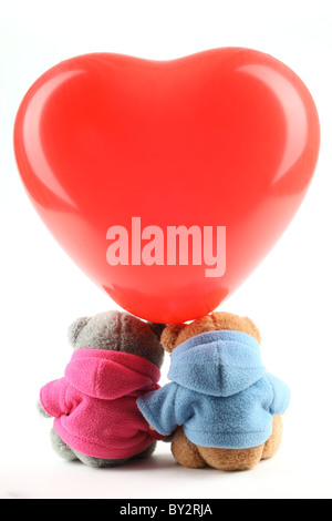 homemade bear couple with heart balloon,Isolated on white. Stock Photo