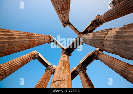 The columns of the Temple of Olympian Zeus, photographed upwards against the blue sky. Athens, Greece Stock Photo