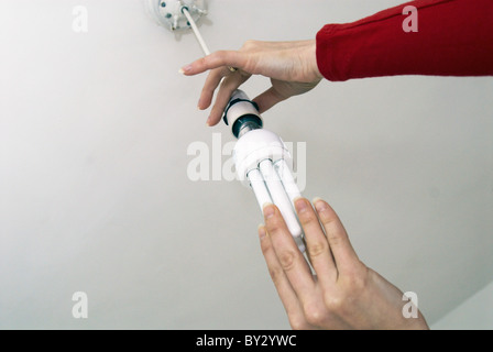 Woman putting in energy saving light bulb Stock Photo