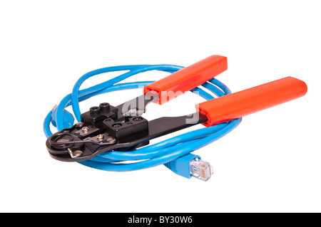 Network Crimp Tool with network ethernet cable isolated on white background Stock Photo