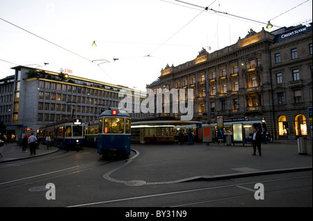 A tram at the Paradeplatz Square and the Bahnhofstrasse, Zurich, Switzerland Stock Photo