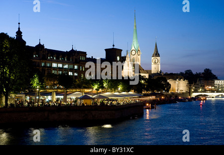 The promenade at Lake Zurich with a view onto the Old Town, Zurich, Switzerland Stock Photo
