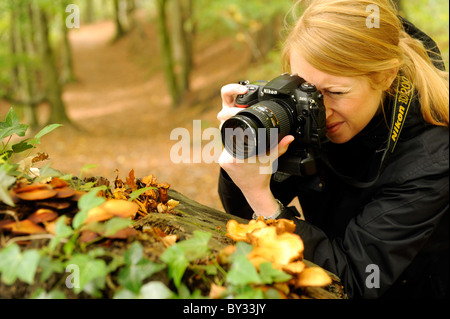 A girl using a Nikon digital single lens reflex DSLR camera to take a close up macro photography of fungi Stock Photo