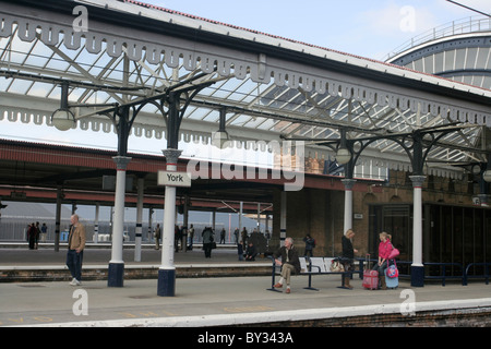 View of York railway station in UK from inside a train. Stock Photo