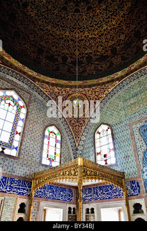 ISTANBUL, Turkey / Türkiye — One of the oldest and most ornately decorated rooms in the Harem, the Privy Chamber of Murat III features an impressive domed ceiling and exceptionally intricate ceramic tiling throughout. Stock Photo