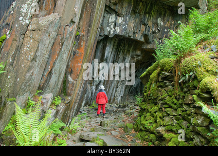 Woman standing at the entrance to a cave, Lake District National Park, Cumbria, England, United Kingdom, Europe Stock Photo