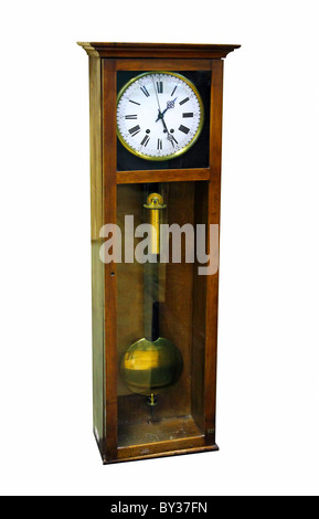 old wooden pendulum clock isolated on white Stock Photo