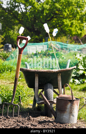 An old rusty fork, wheelbarrow and watering can on an allotment in early summer, with garden canes and trees in the background Stock Photo