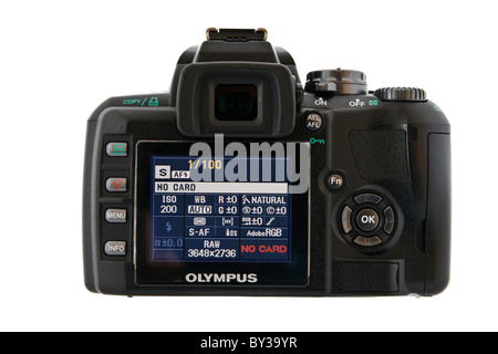 Rear view of an Olympus E400 four thirds digital SLR camera LCD menu screen with information on a white background. UK Stock Photo