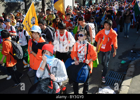 Young Catholic pilgrims taking part in a walk to see the Pope for World Youth Day in Sydney, one of the largest Christian events Stock Photo