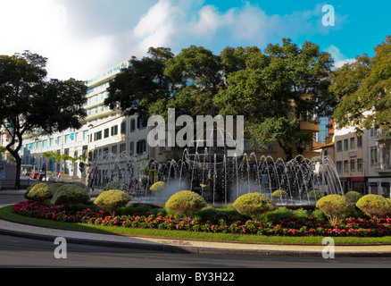 Fountain and Gardening  Arrangement at the Rotunda do Infante, Funchal, Madeira Stock Photo