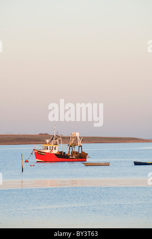 red fishing boat moored amongst rowing boats in front of the isle of Sheppey Stock Photo