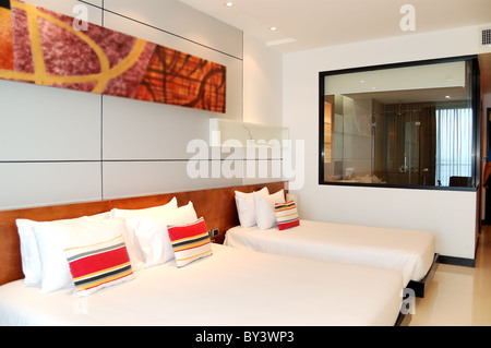 Interior with bathroom window at the modern luxury hotel, Pattaya, Thailand Stock Photo