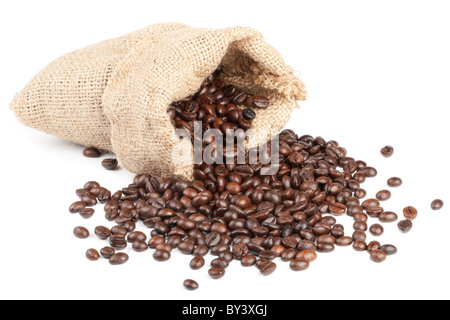 Coffee beans in canvas sack on white background Stock Photo