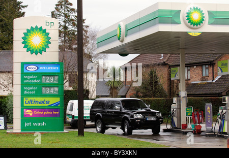 Road fuel prices on display at a BP filling station in Cadnam Hampshire southern England UK Stock Photo