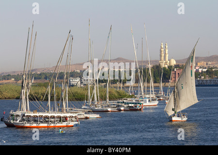 Felucca and leisure boats at Aswan, Egypt Stock Photo
